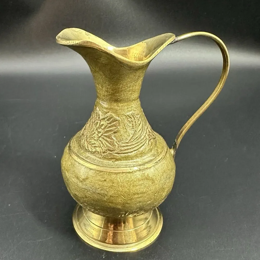 Vintage Anglo Indian Brass Decor Set Sage Green Enamel Pitcher & Lidded Jar